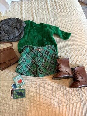 American Girl WORLD TRAVELER in IRELAND Green PLAID SKIRT cardigan